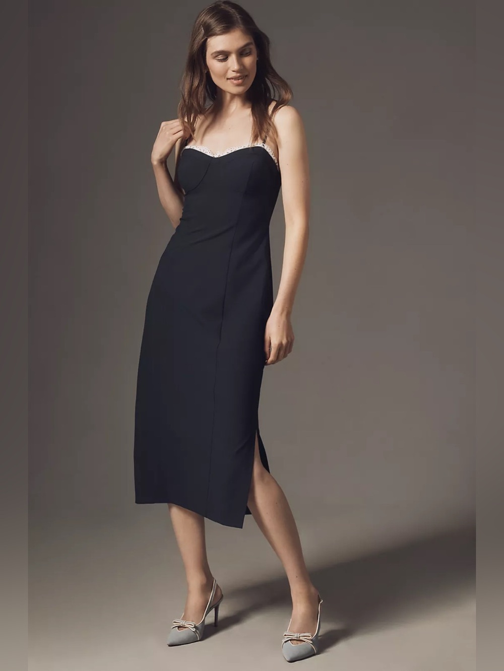 NWT Size L - Anthropologie Pinstripes Lace-Trim Side slit Midi Dress (US$ 158)